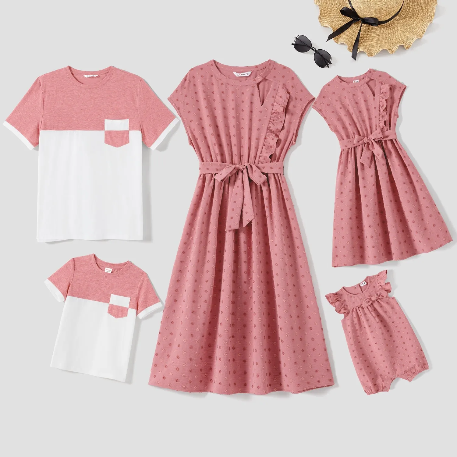 Family Matching Swiss Dot Belted Dresses and Two Tone Short-sleeve T-shirts Sets