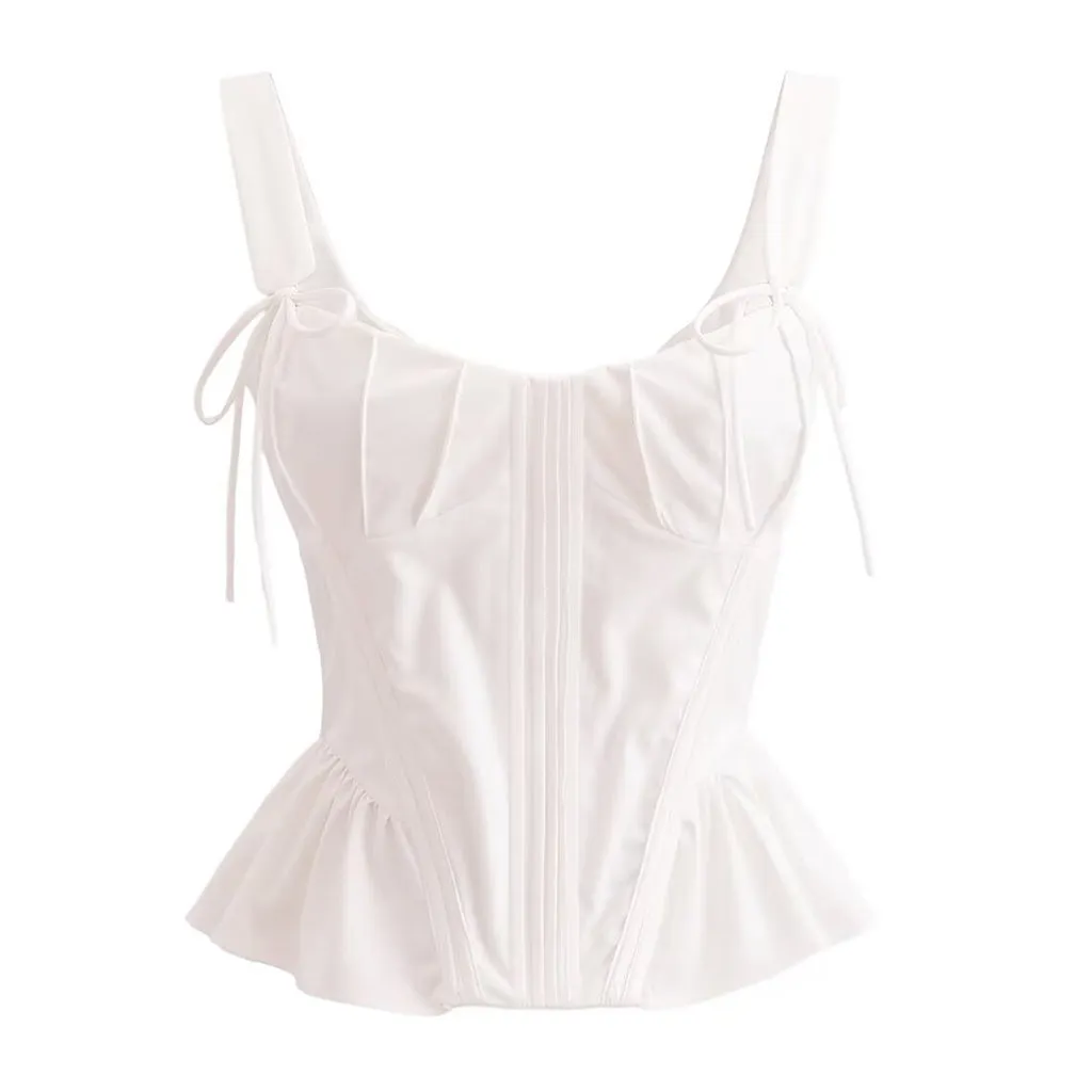 Feminine Bow Tie Suspender Strap Ruffled Peplum Corset Crop Tank Top