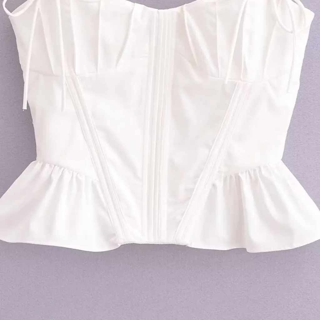 Feminine Bow Tie Suspender Strap Ruffled Peplum Corset Crop Tank Top