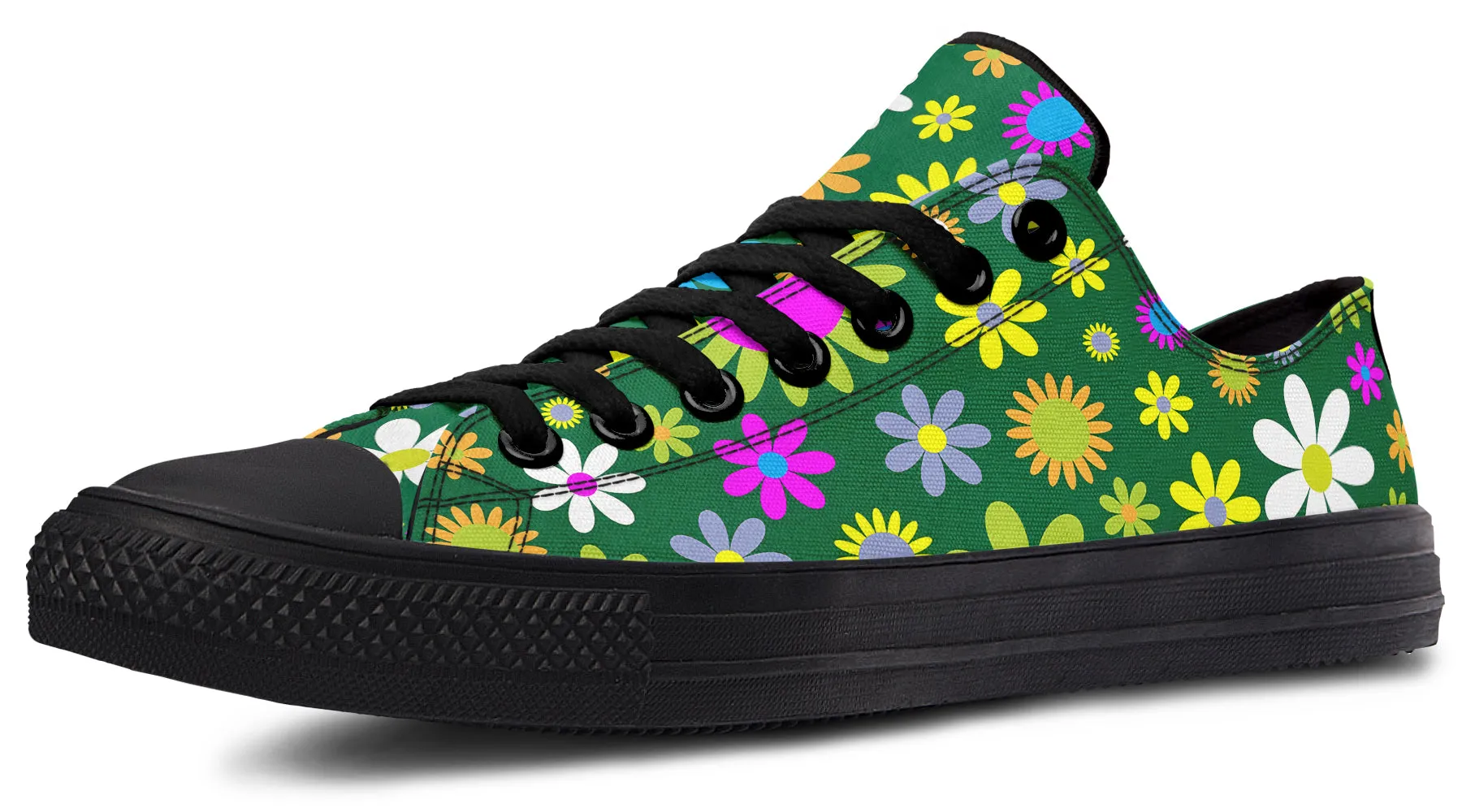 Green Retro Flowers Low Tops