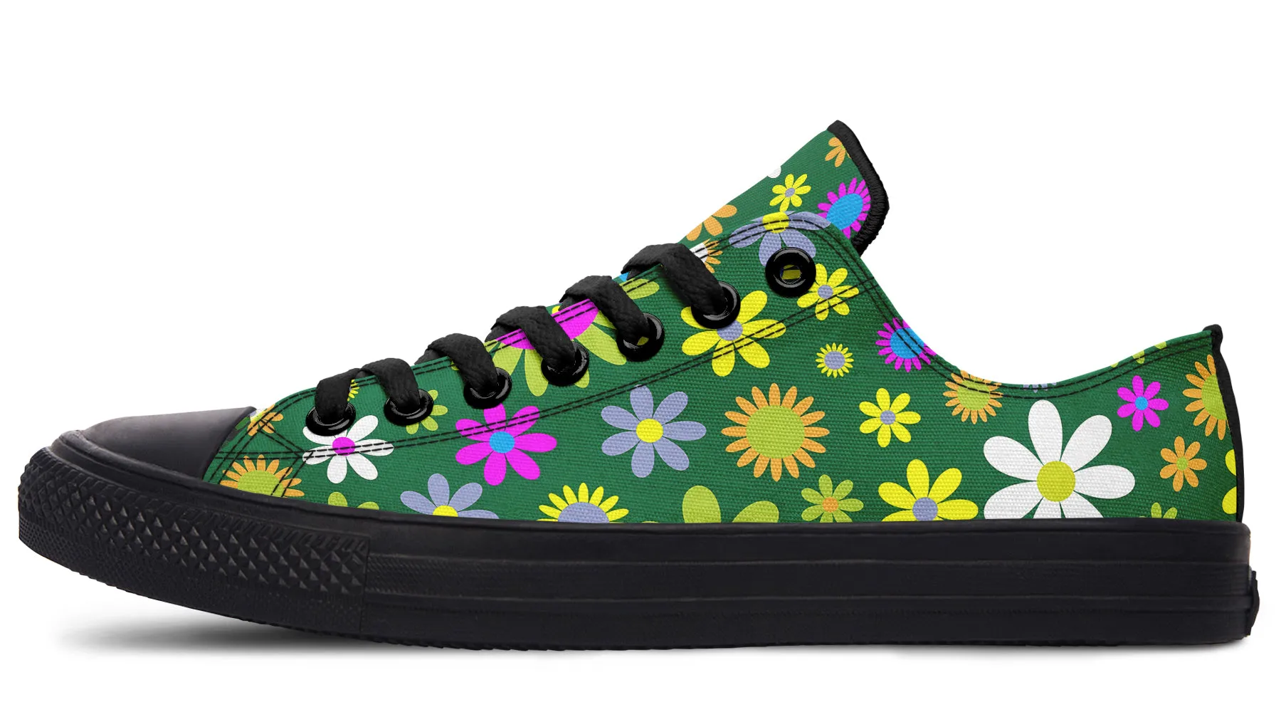 Green Retro Flowers Low Tops