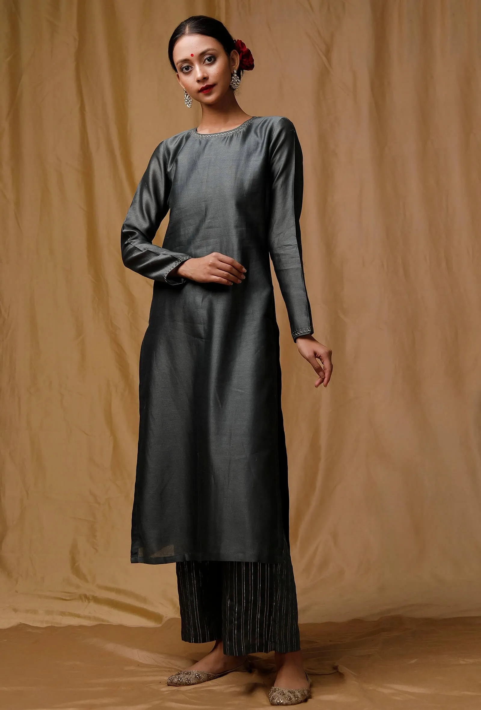 Grey Banarsi Chanderi Kurta