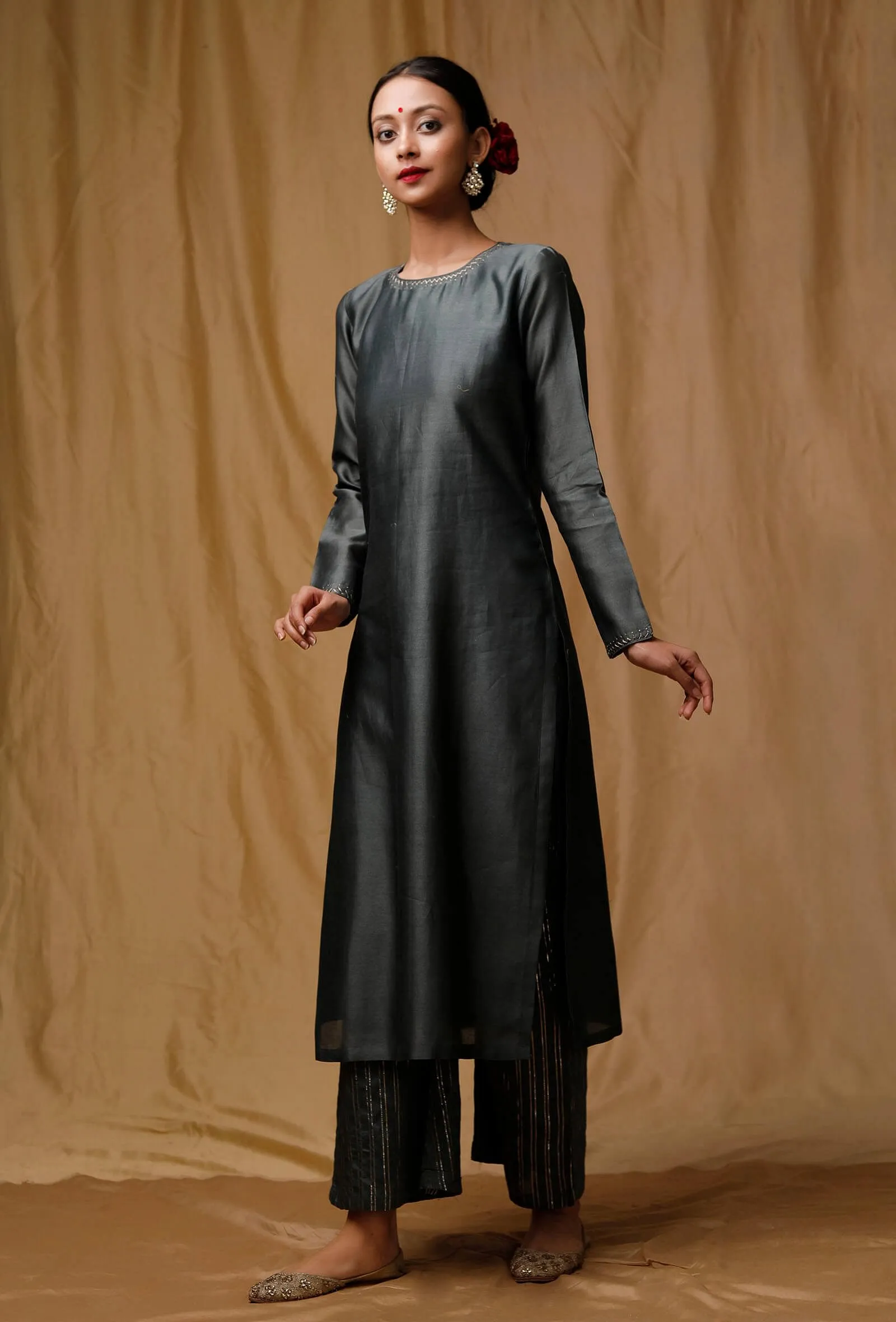 Grey Banarsi Chanderi Kurta