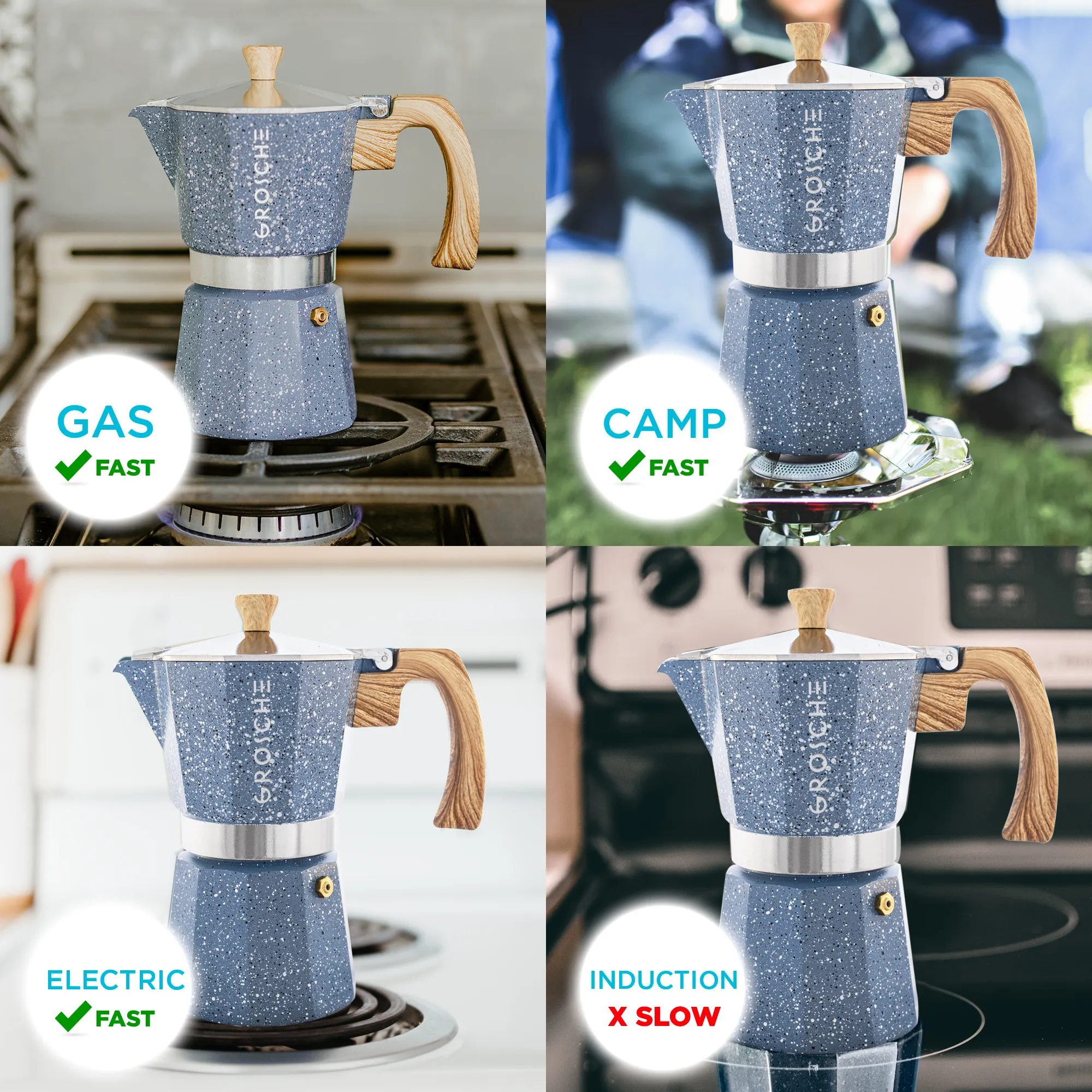 GROSCHE MILANO STONE Stovetop Espresso Maker, Indigo Blue, Available in 4 sizes - Pack of 4