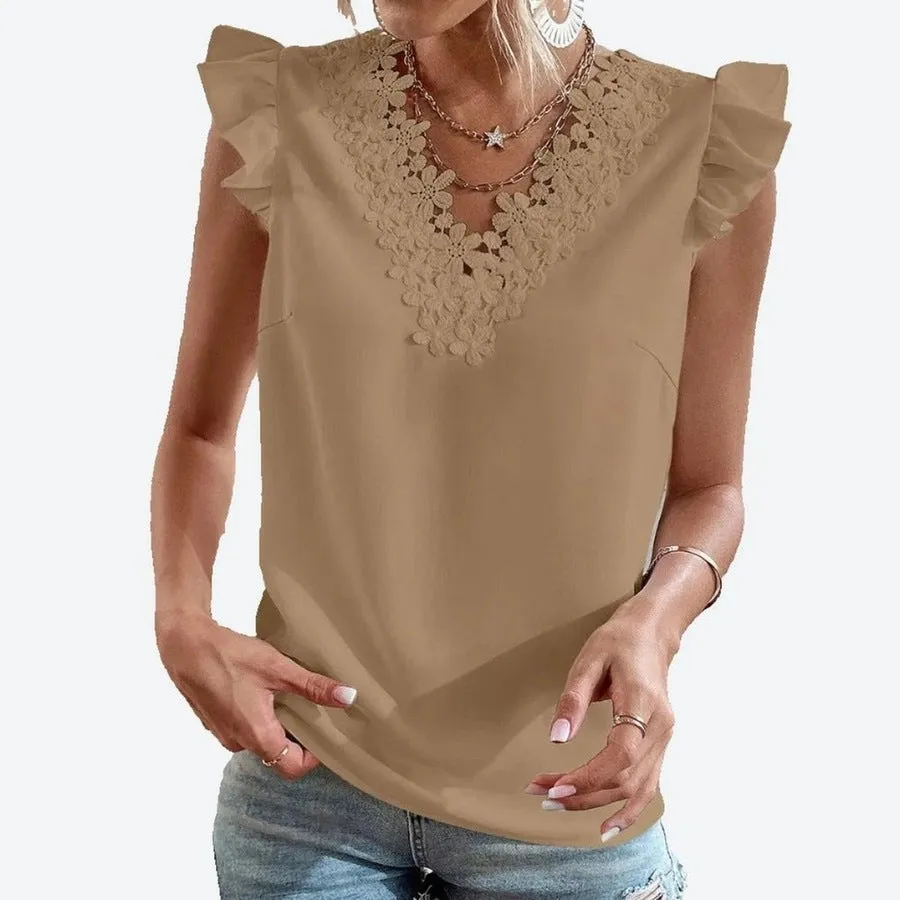 Lace Detail Ruffle Sleeve Elegant Tops