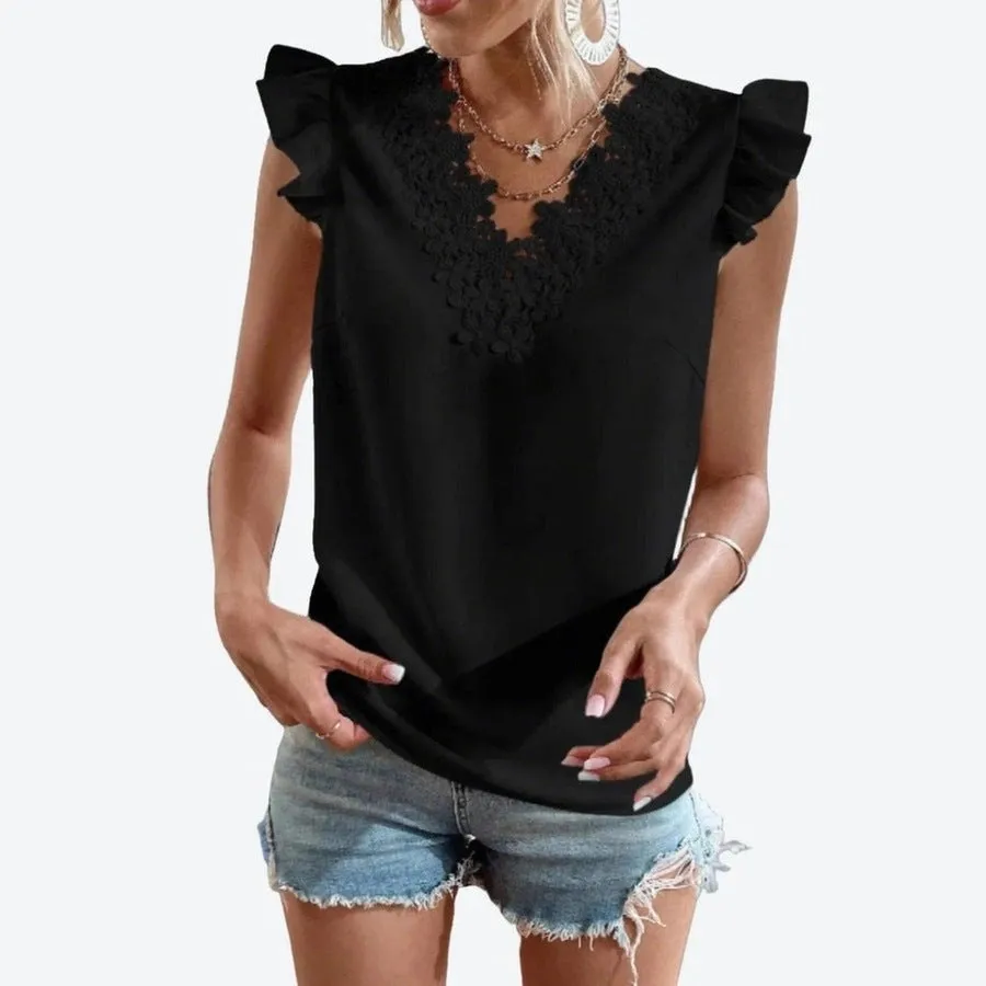 Lace Detail Ruffle Sleeve Elegant Tops