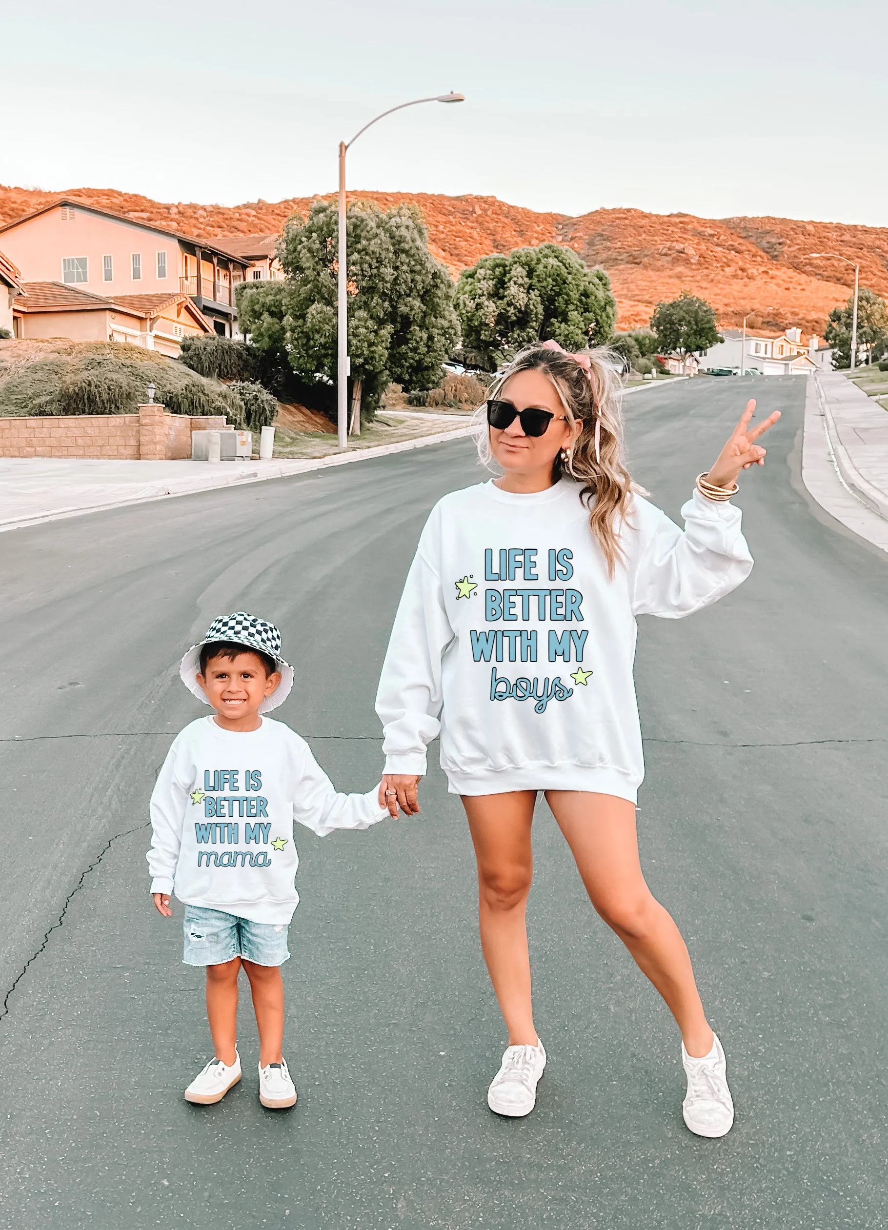 Mother & Son Sweatshirts -White Crewneck Letter Graphic, Oversized