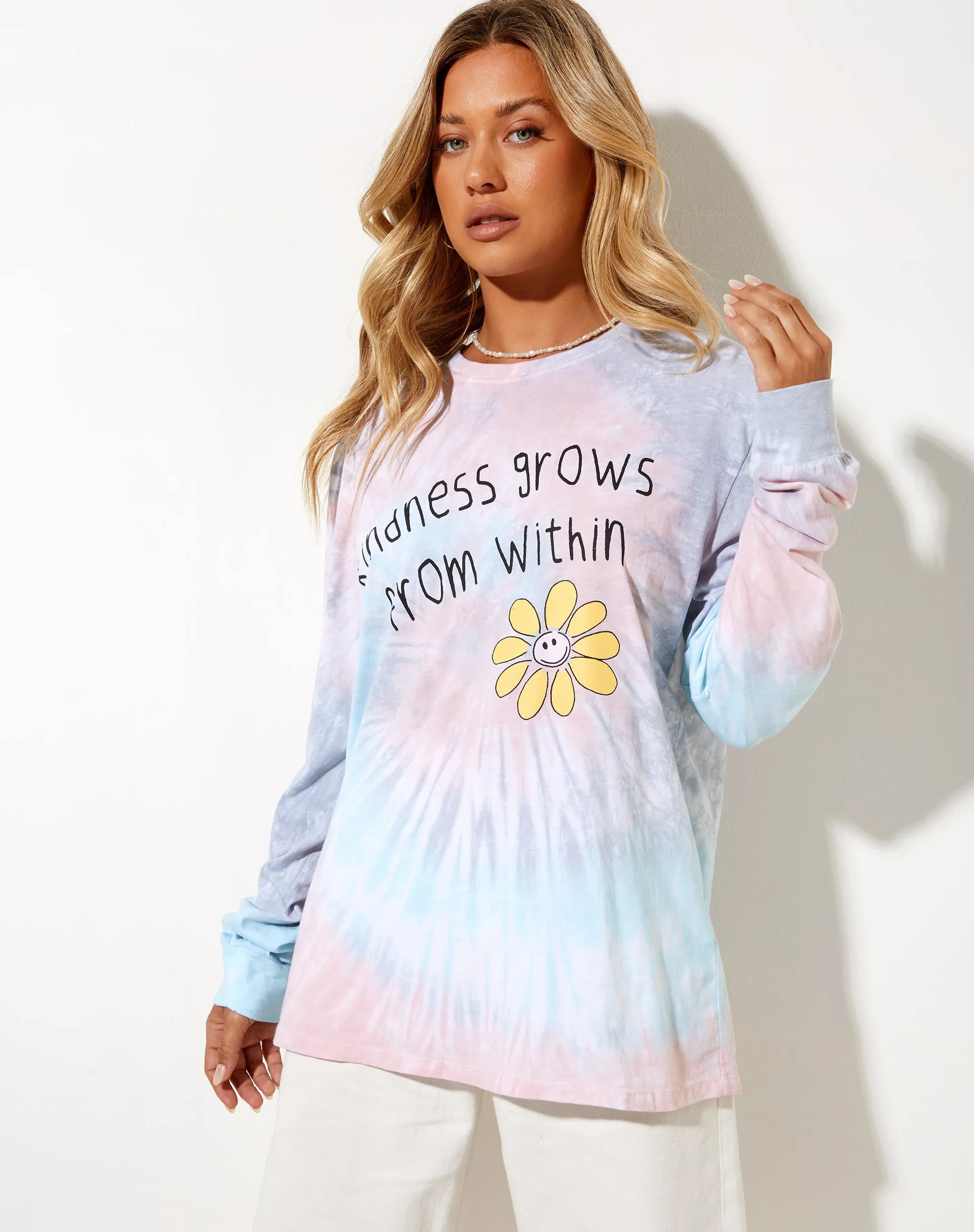 Olivia Long Sleeve Tee in White Tie Dye Kindness Grow