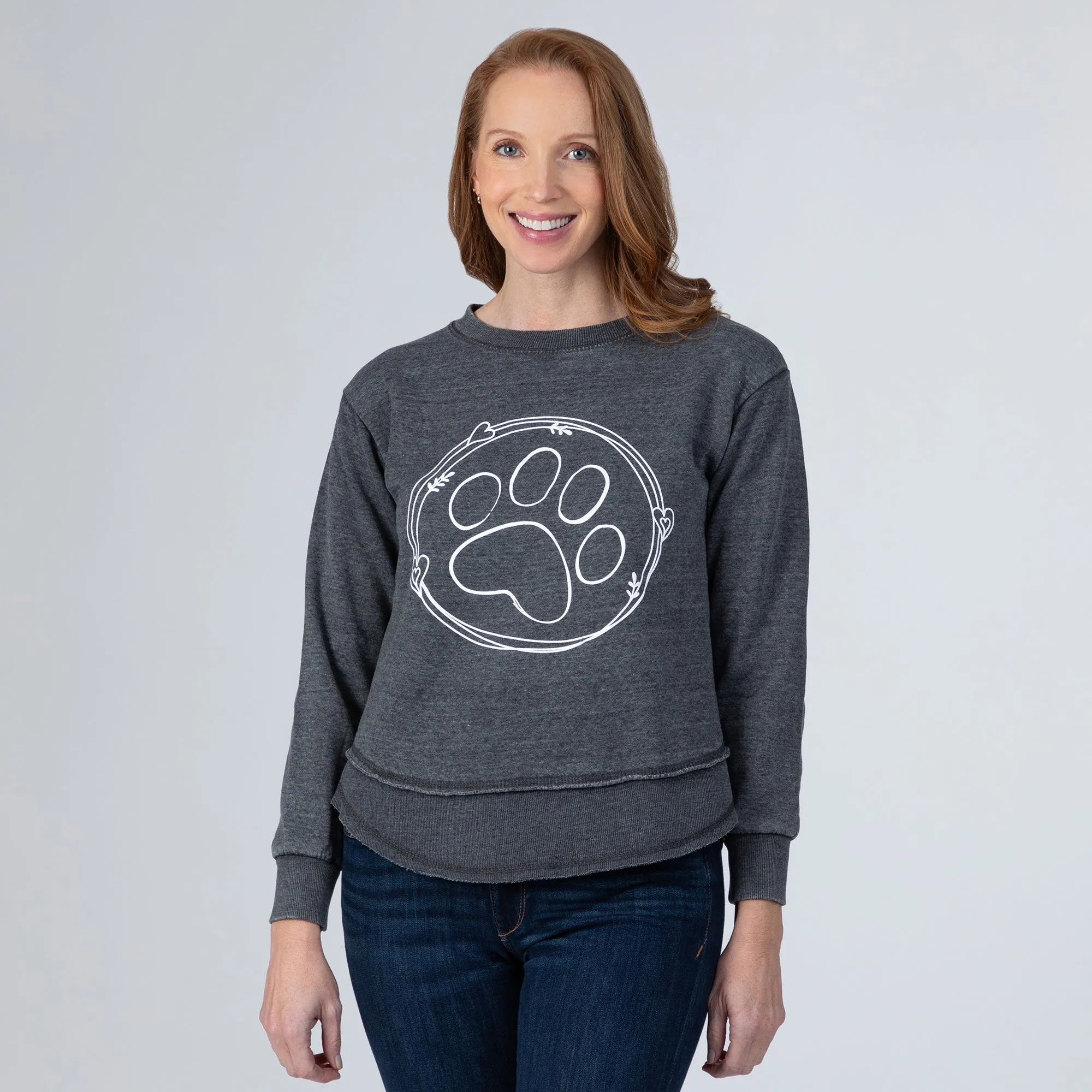 Paw & Hearts Hi-Low Burnout Crew Sweatshirt