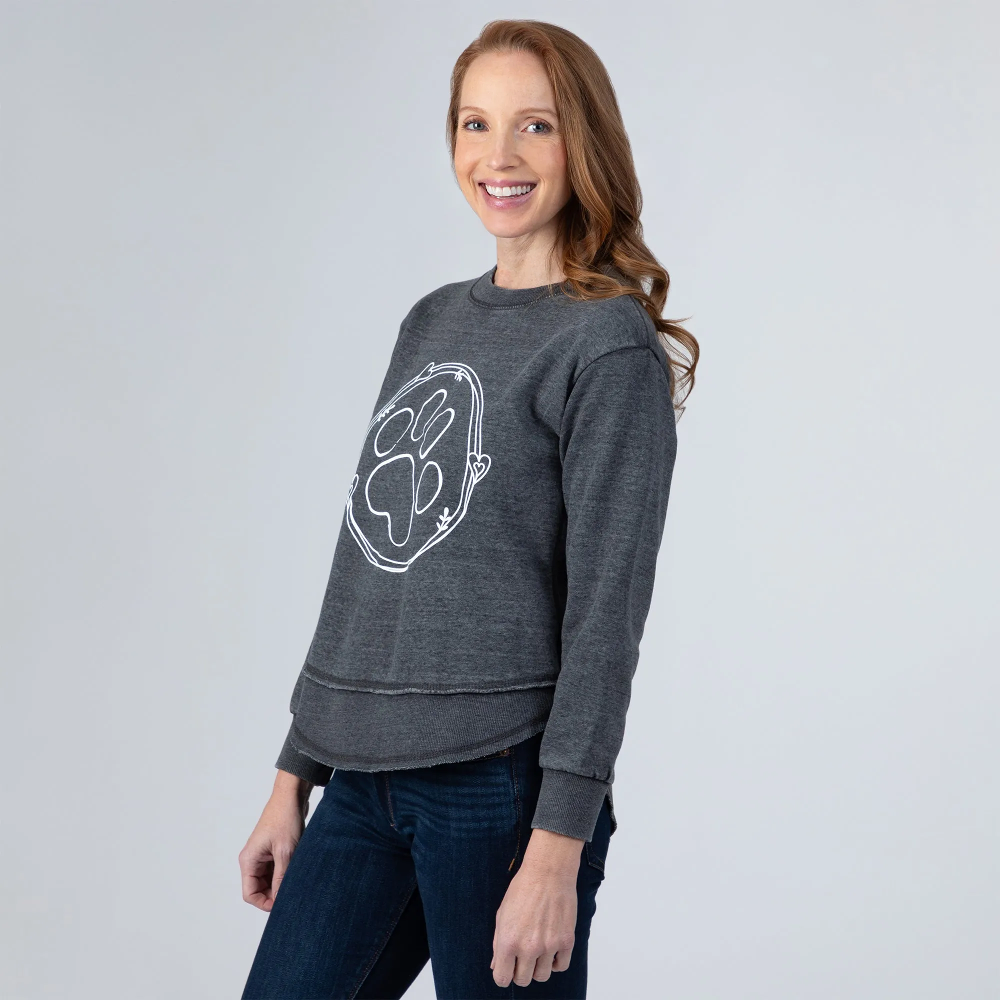 Paw & Hearts Hi-Low Burnout Crew Sweatshirt