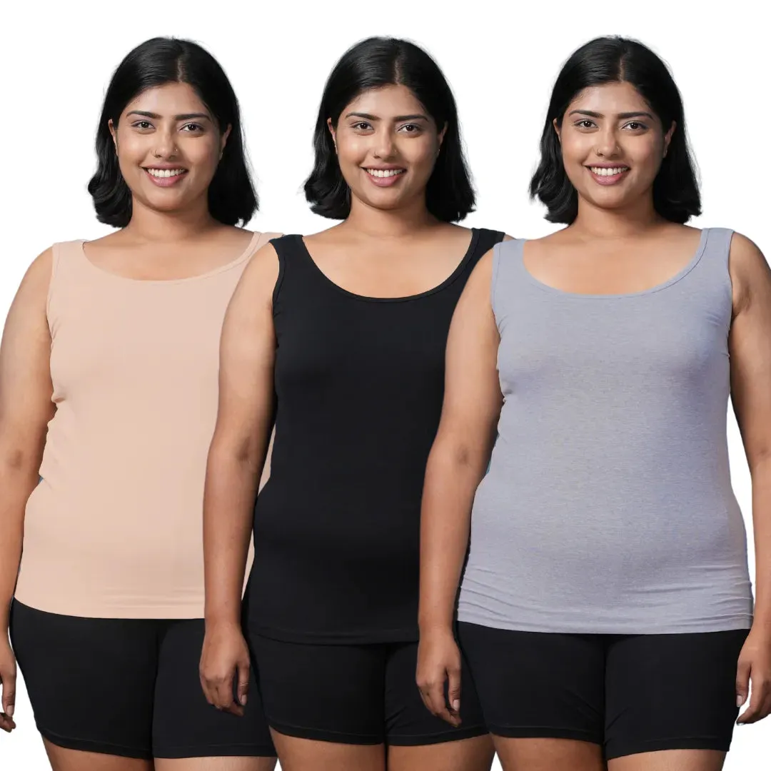 Plus Size Inner Tank Tops | Wide Fabric Shoulder | Round Neckline | Offers Full Coverage | Pack Of 3