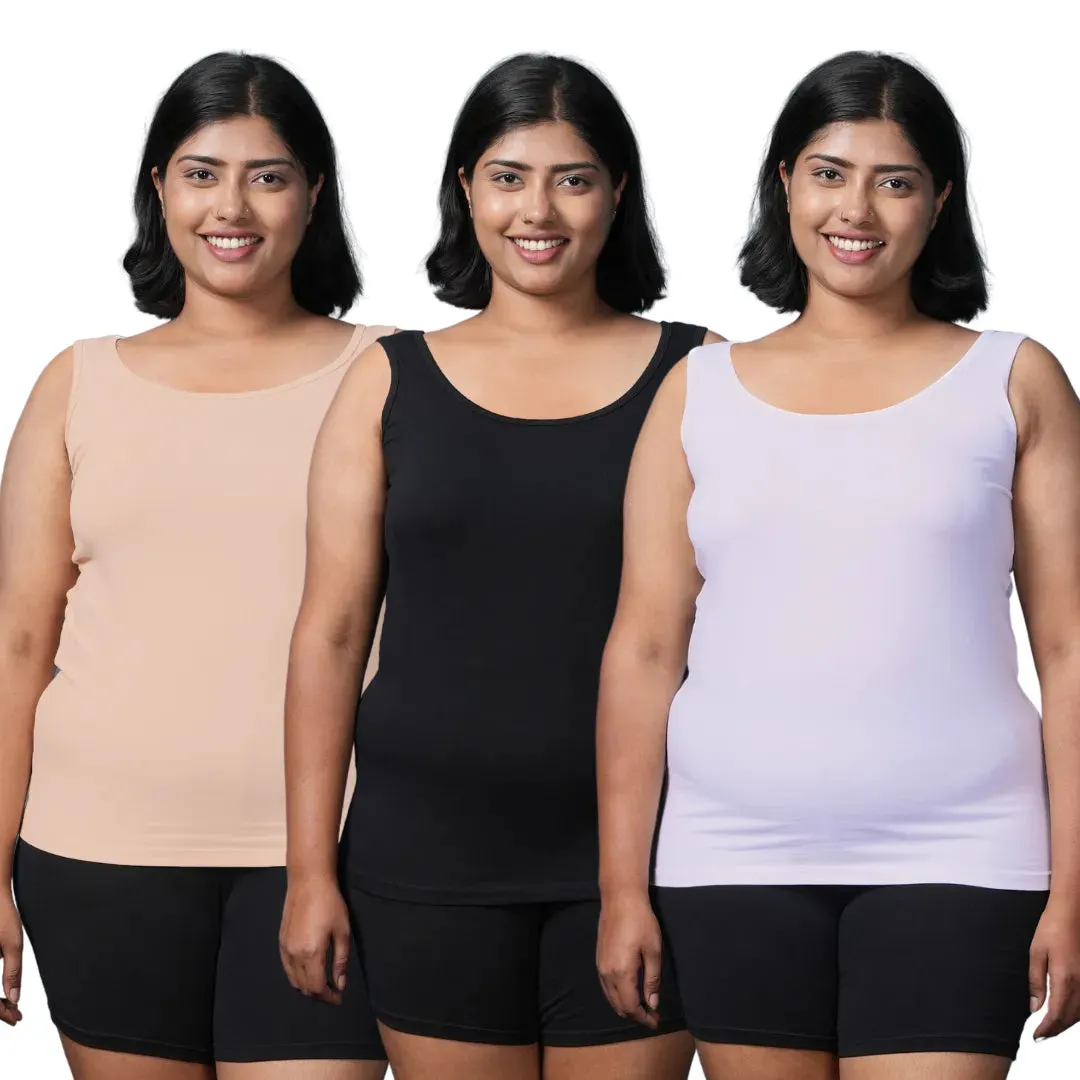 Plus Size Inner Tank Tops | Wide Fabric Shoulder | Round Neckline | Offers Full Coverage | Pack Of 3