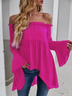 Pompeii Off-shoulder Flounce Sleeve High Low Blouse In Hot Pink