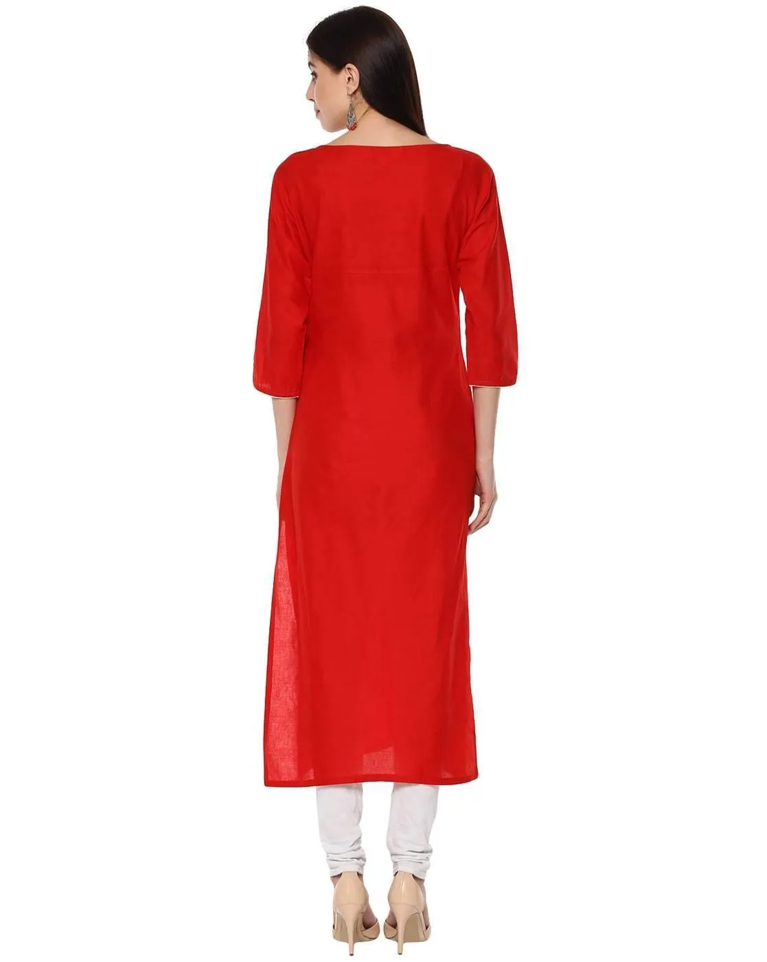 Red Floral Embroidered Straight Kurta