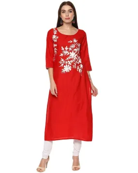 Red Floral Embroidered Straight Kurta