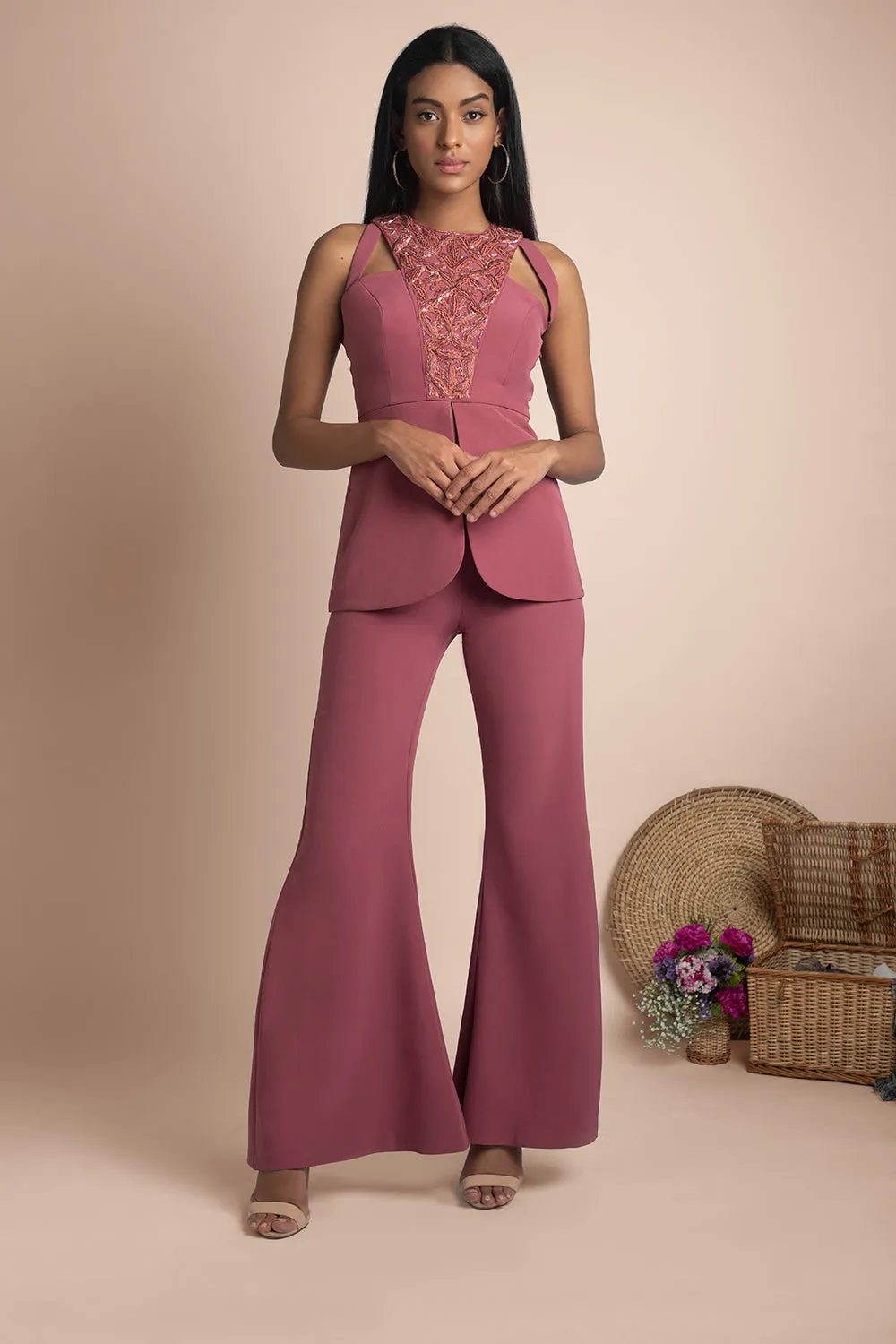 Rose Pink Bell Bottoms And Embroidered Jacket Top