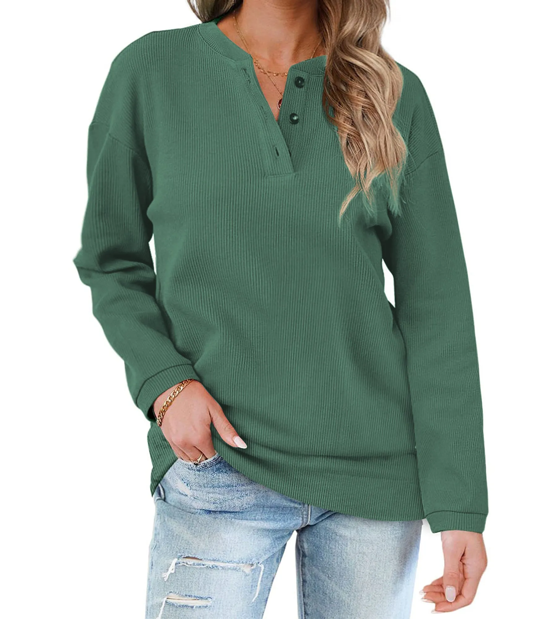 Rosvigor Sweatshirts for Women Henley Shirts Casual Long Sleeve Ribbed Tunic Button Up Tops