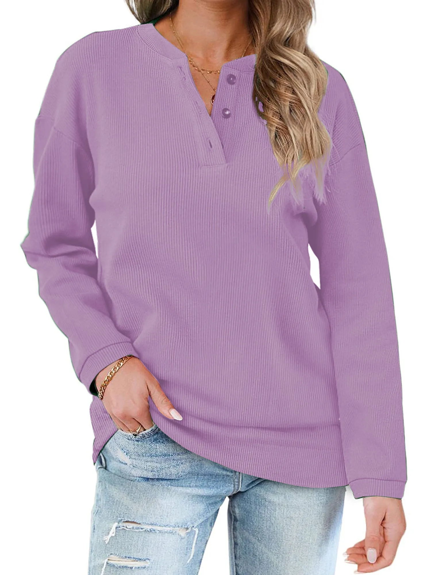 Rosvigor Sweatshirts for Women Henley Shirts Casual Long Sleeve Ribbed Tunic Button Up Tops