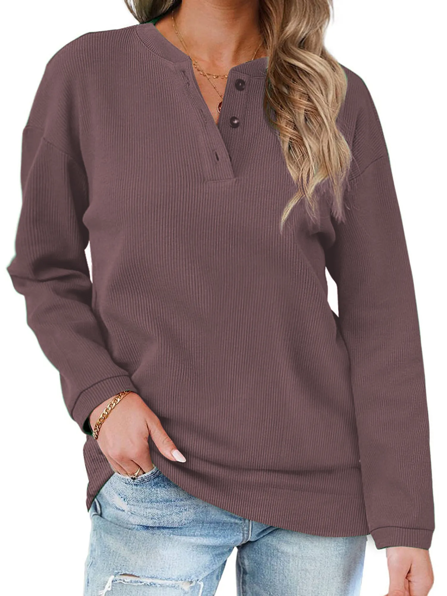 Rosvigor Sweatshirts for Women Henley Shirts Casual Long Sleeve Ribbed Tunic Button Up Tops