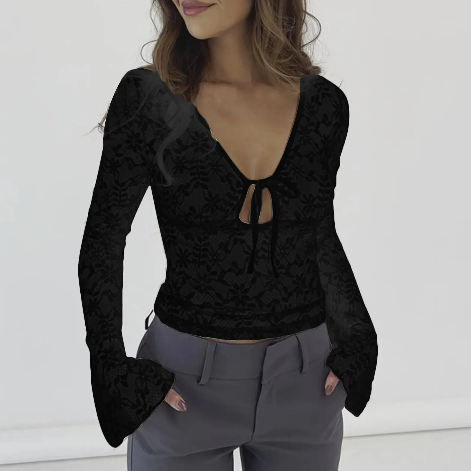 Sheer Lace T-shirt V-Neck Flared Long Sleeve Slim Fit Tee