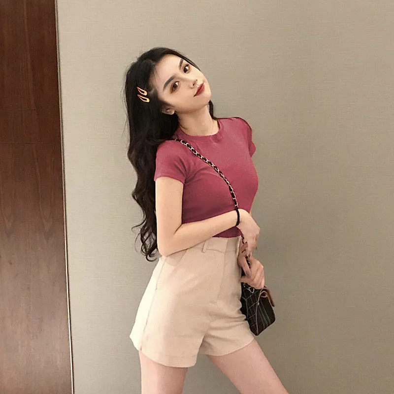 Short Sleeve T-Shirt Women Summer Korean Slimming Round-Neck Student Solid Colored INS Student Tops T-Shirt