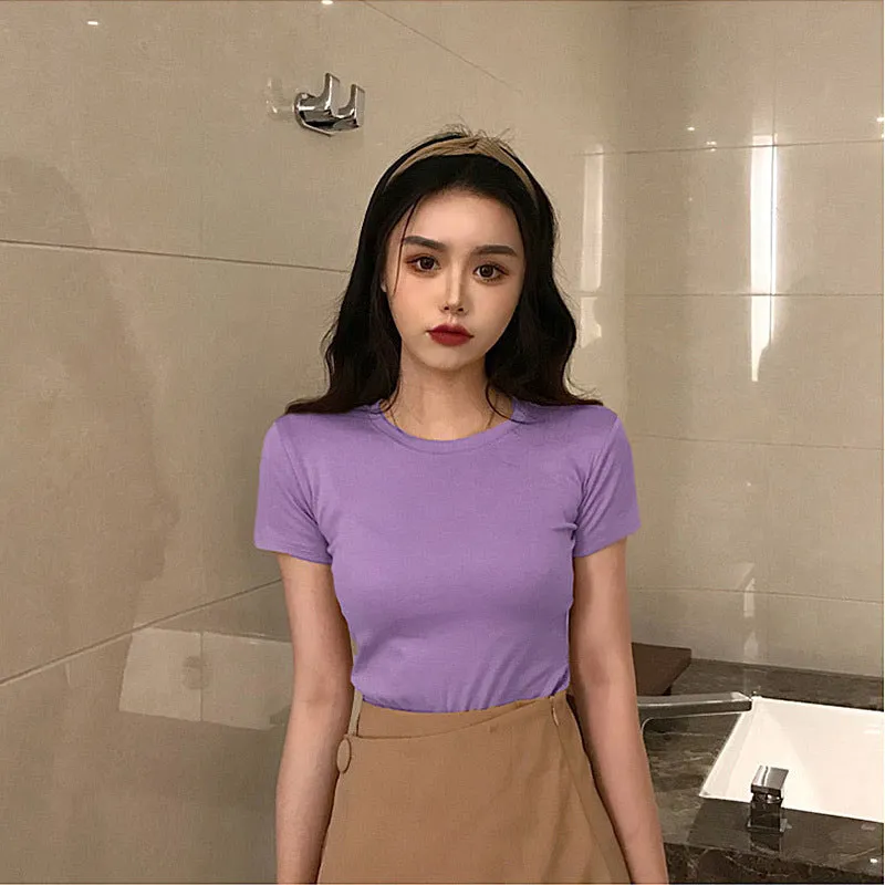 Short Sleeve T-Shirt Women Summer Korean Slimming Round-Neck Student Solid Colored INS Student Tops T-Shirt