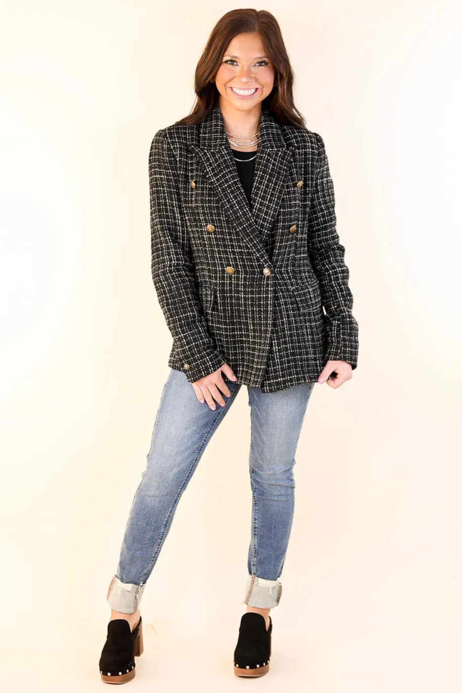 Timeless Tales Tweed Blazer with Bronze Buttons in Black