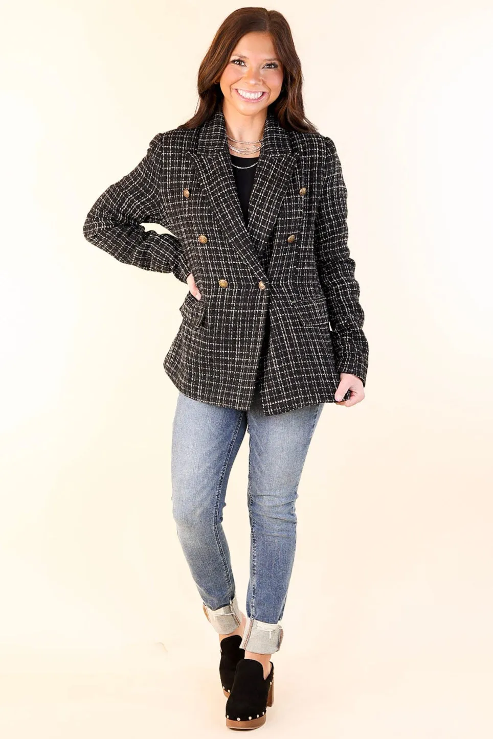 Timeless Tales Tweed Blazer with Bronze Buttons in Black