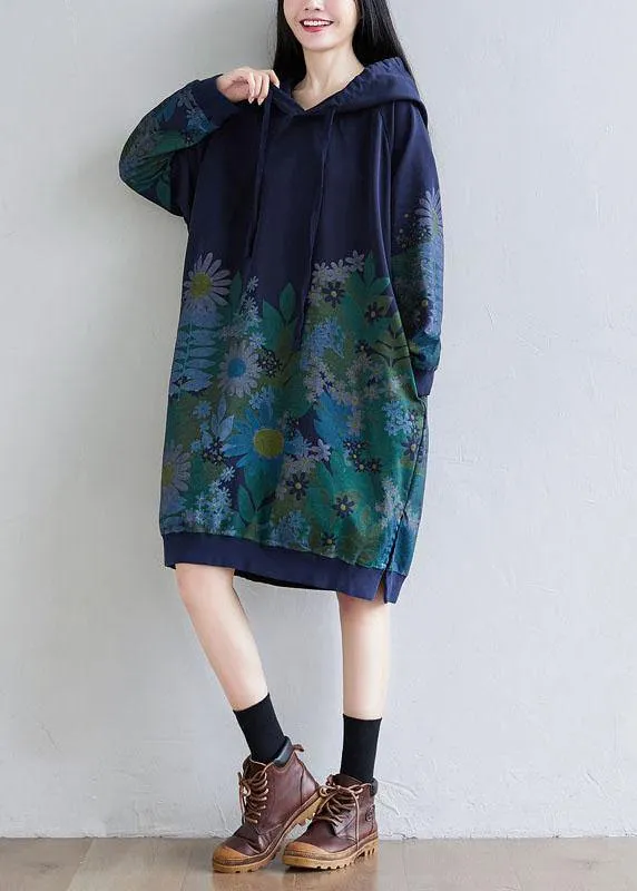 Trendy Navy Hooded Pockets Print Side Open Fall Sweatshirts Dress