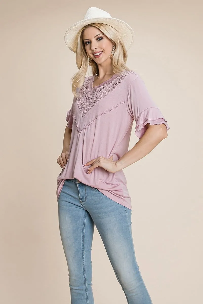 V Neck Lace trim Front Ruffle Sleeve Shirt tops