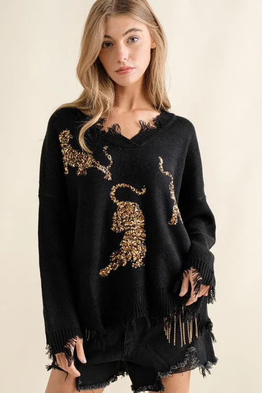 Warm Black Frayed Edge Sequin Tiger Sweater