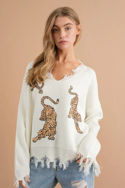 Warm Black Frayed Edge Sequin Tiger Sweater