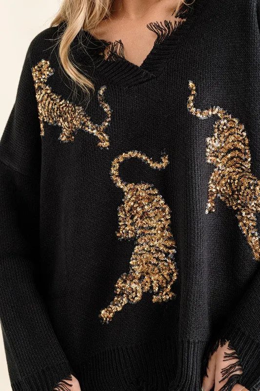 Warm Black Frayed Edge Sequin Tiger Sweater