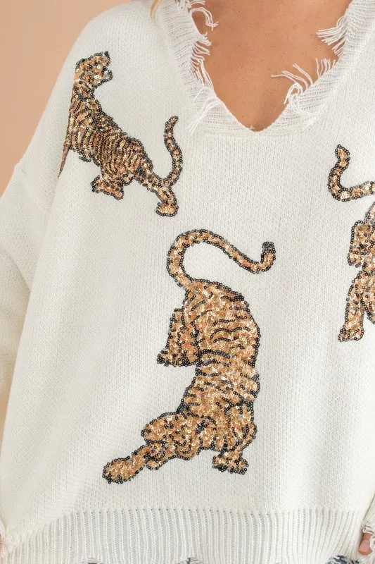 Warm Black Frayed Edge Sequin Tiger Sweater