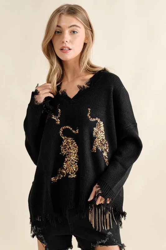 Warm Black Frayed Edge Sequin Tiger Sweater