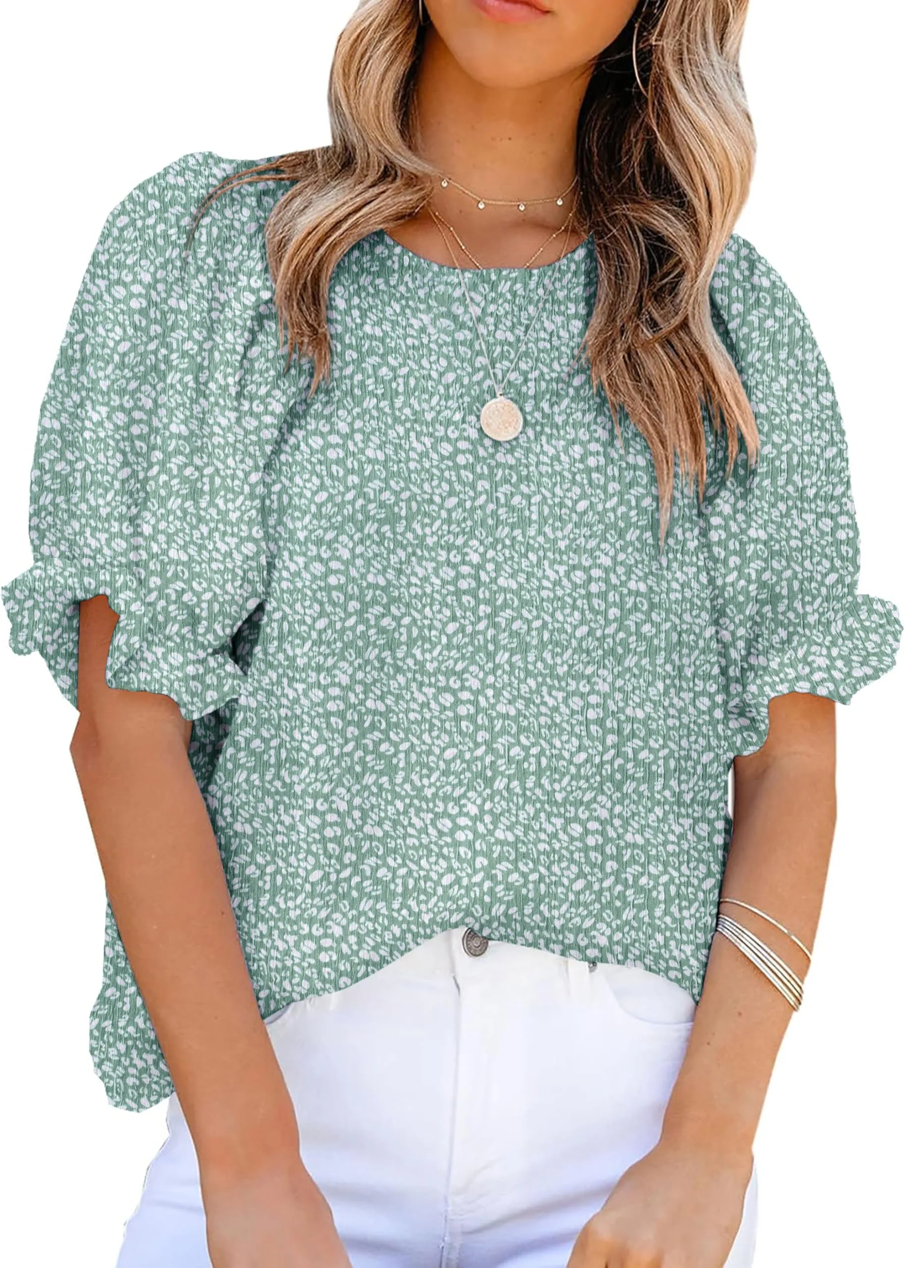 Zeagoo Casual Floral Print Smocked Puff Sleeve Shirts