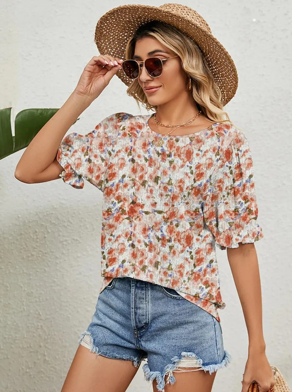 Zeagoo Casual Floral Print Smocked Puff Sleeve Shirts