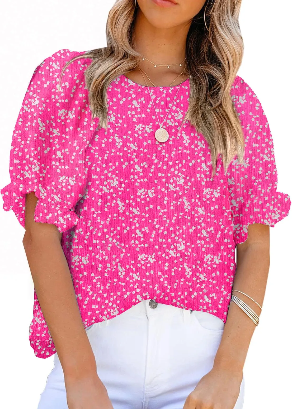 Zeagoo Casual Floral Print Smocked Puff Sleeve Shirts