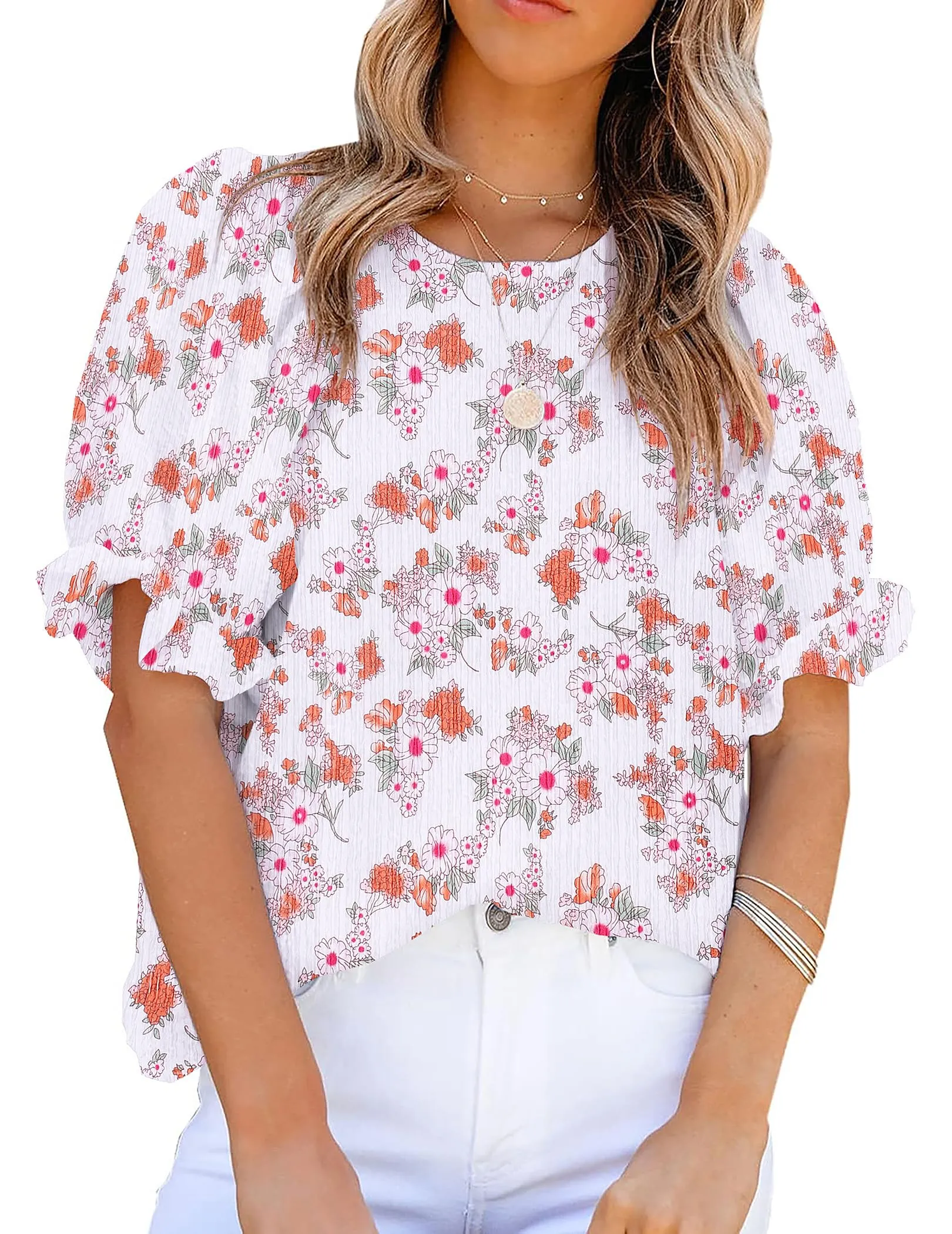 Zeagoo Casual Floral Print Smocked Puff Sleeve Shirts