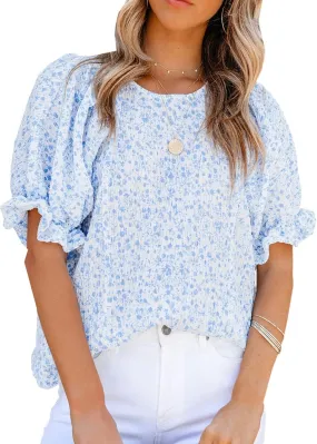 Zeagoo Casual Floral Print Smocked Puff Sleeve Shirts