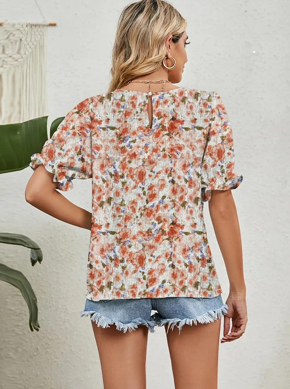 Zeagoo Casual Floral Print Smocked Puff Sleeve Shirts